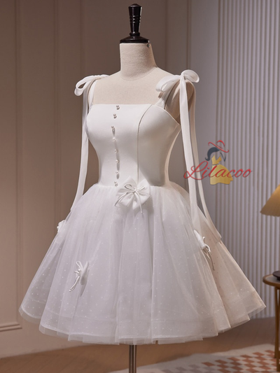 White Tulle Straps Pearls Homecoming Dress
