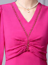 Fuchsia V-neck Long Sleeve Beading Mother Of The Bride Dress