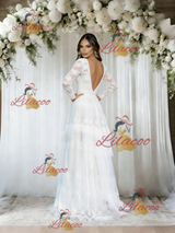White Lace Long Sleeve V-neck Wedding Dress