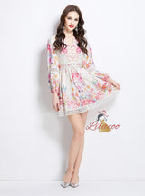 Retro Lace Stitching V-neck Dress