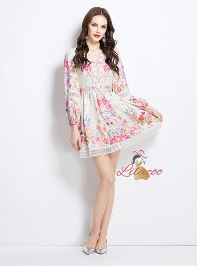 Retro Lace Stitching V-neck Dress