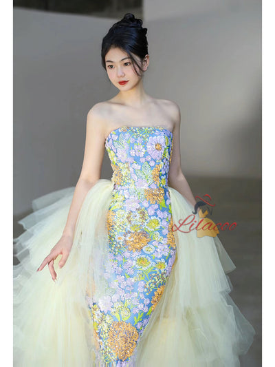 Mermaid Flower Sequins Strapless Tulle Prom Dress