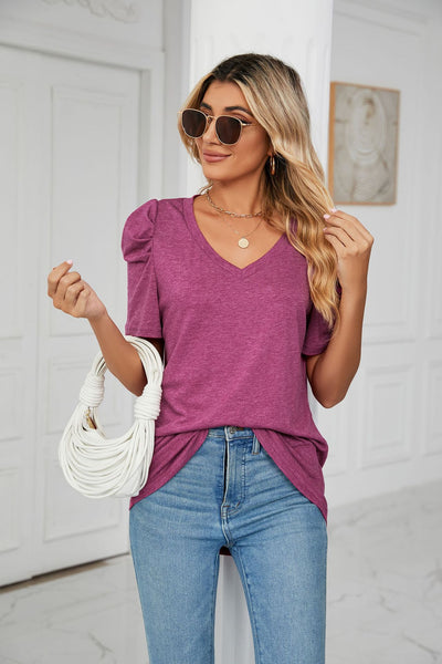 Loose Pleated V-neck Short Sleeve T-shirt
