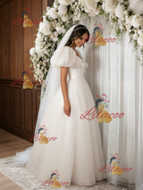 Beige White Tulle Puff Sleeve Wedding Dress