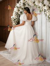 Beige White Tulle Puff Sleeve Wedding Dress