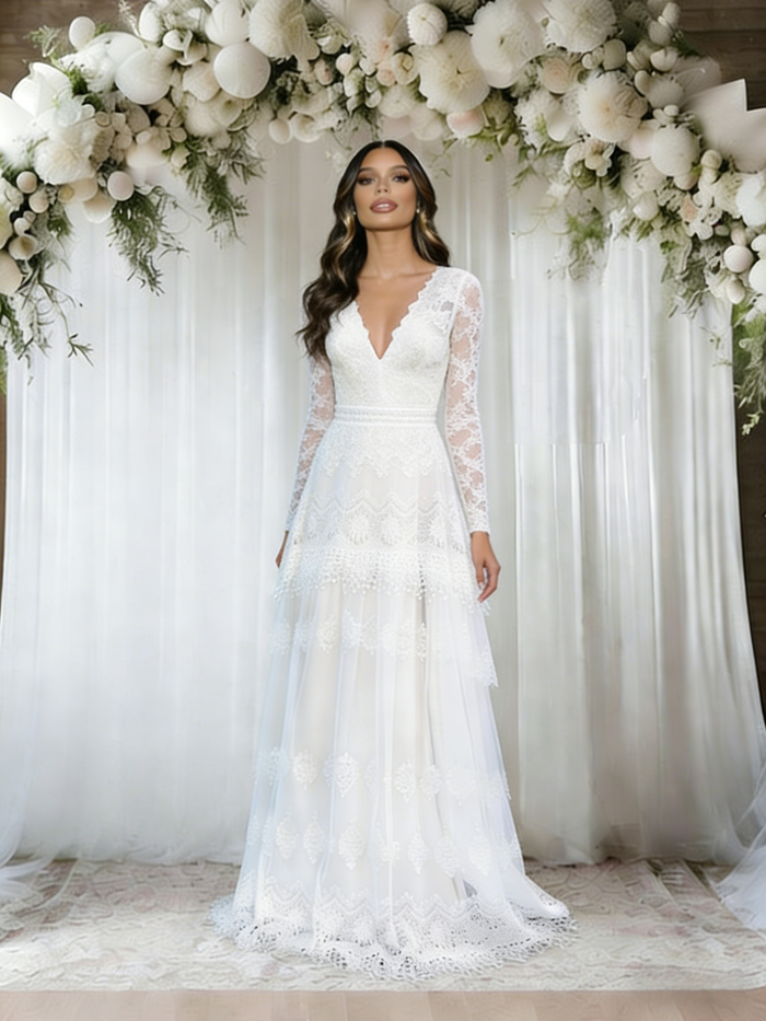 White Lace Long Sleeve V-neck Wedding Dress