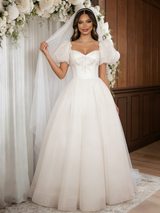 Beige White Tulle Puff Sleeve Wedding Dress