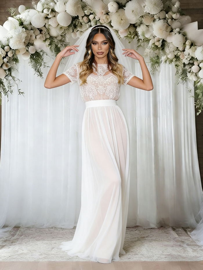 White Lace Short Sleeve Wedding Dress