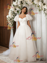 Beige White Tulle Puff Sleeve Wedding Dress