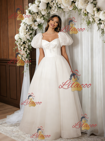 Beige White Tulle Puff Sleeve Wedding Dress