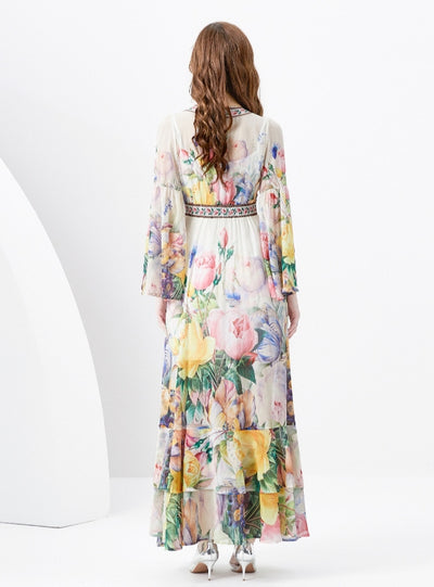 Horn Long Sleeve V-neck Printed Dress