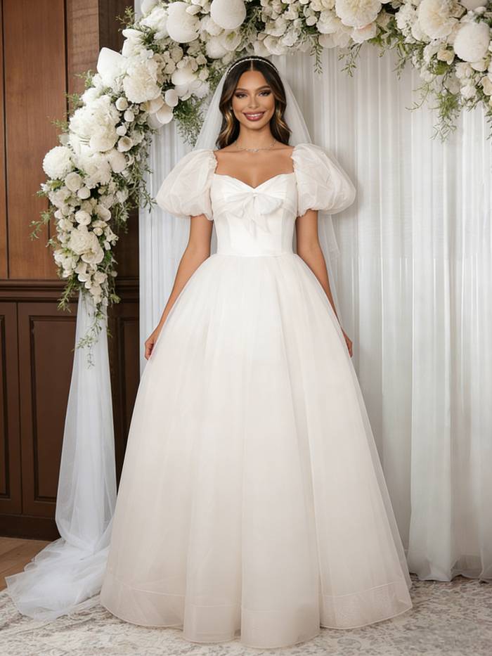 Beige White Tulle Puff Sleeve Wedding Dress