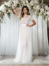 White Lace Short Sleeve Wedding Dress