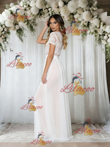 White Lace Short Sleeve Wedding Dress