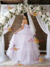 Pink Purple Tulle Sequins Strapless Wedding Dress