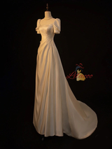 White Satin Short Sleeve Pleats Wedding Dress