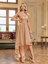 Gold V-neck Sequins Cap Sleeve Prom Dress
