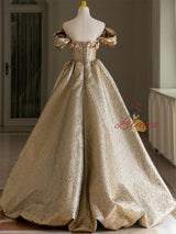 Champagne Gold Off the Shoulder Flower Prom Dress