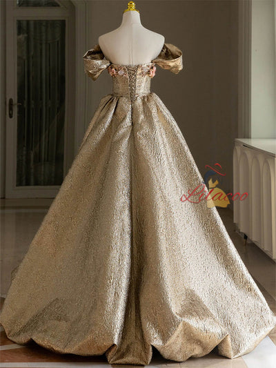 Champagne Gold Off the Shoulder Flower Prom Dress