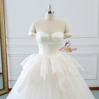 Ivory White Tulle Satin Off The Shoulder Wedding Dress