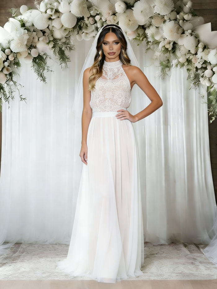 White Lace Halter Wedding Dress