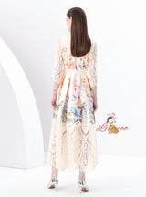 V-neck Long Sleeve Lace Stitching Printed Dress