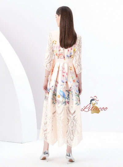 V-neck Long Sleeve Lace Stitching Printed Dress