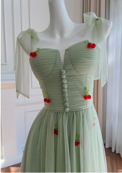 Green Tulle Cherry Pleats Prom Dress
