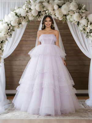 Pink Purple Tulle Sequins Strapless Wedding Dress