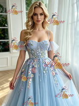 Blue Tulle Appliques Straps Prom Dress