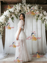 White Tulle Lace Short Sleeve Wedding Dress