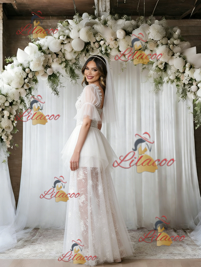 White Tulle Lace Short Sleeve Wedding Dress