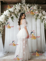 White Tulle Lace Short Sleeve Wedding Dress