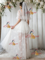 White Tulle Lace Short Sleeve Wedding Dress