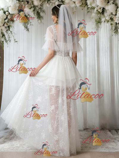 White Tulle Lace Short Sleeve Wedding Dress