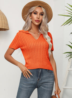 Twist Lapel Short Sleeve Sweater Short Top