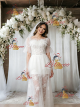 White Tulle Lace Short Sleeve Wedding Dress