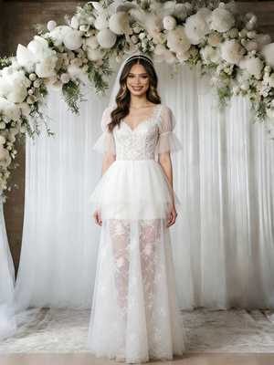 White Tulle Lace Short Sleeve Wedding Dress