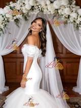 White Mermaid Tulle Off the Shoulder Beading Wedding Dress