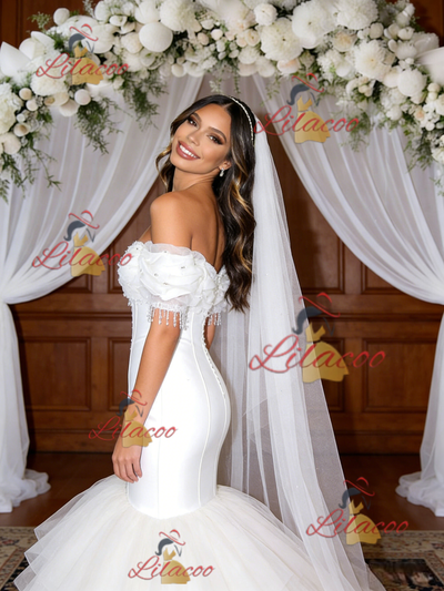 White Mermaid Tulle Off the Shoulder Beading Wedding Dress