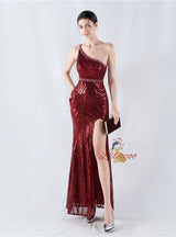 Mermaid Sequins One Shoulder Beading Prom Dress
