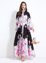 Holiday Flower Printed Lantern Sleeve Dress