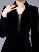 Black Velvet Long Sleeve V-neck Mother Of The Bride Dress