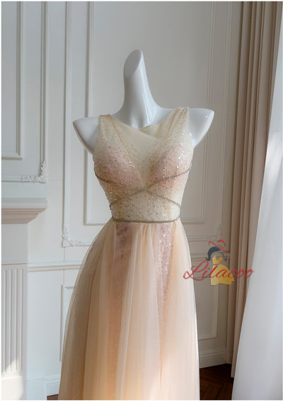 Champagne Suquins Tulle Prom Dress