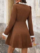 Retro Stitching Corduroy Long Sleeve Dress