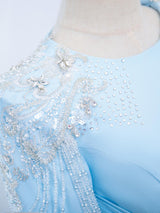 Blue Mermaid Pleats Beading Long Sleeve Prom Dress
