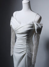 White Mermaid Long Sleeve Pleats Wedding Dress