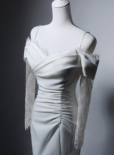White Mermaid Long Sleeve Pleats Wedding Dress