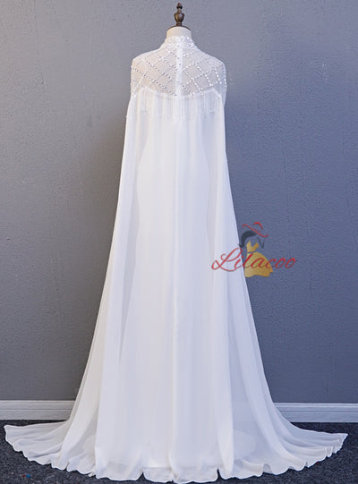 White Mermaid Straps Beading Prom Dress With Shawl