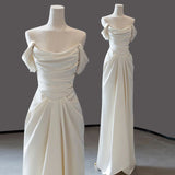 Ivory Satin Off the Shoulder Wedding Dress